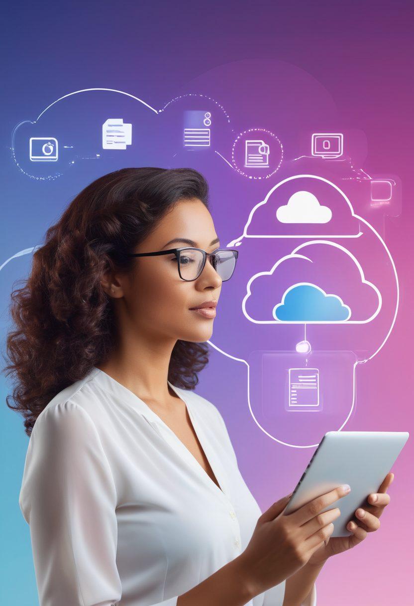 A sleek digital interface showcasing various document types being uploaded seamlessly into a cloud storage. Include a diverse group of users - a businesswoman, a student, and a retiree - each engaging with their devices in harmony. Bright, flowing lines represent efficiency and speed, with subtle icons of folders and files transitioning into the cloud. A soft gradient background to emphasize modernity and user-friendliness. super-realistic. vibrant colors.