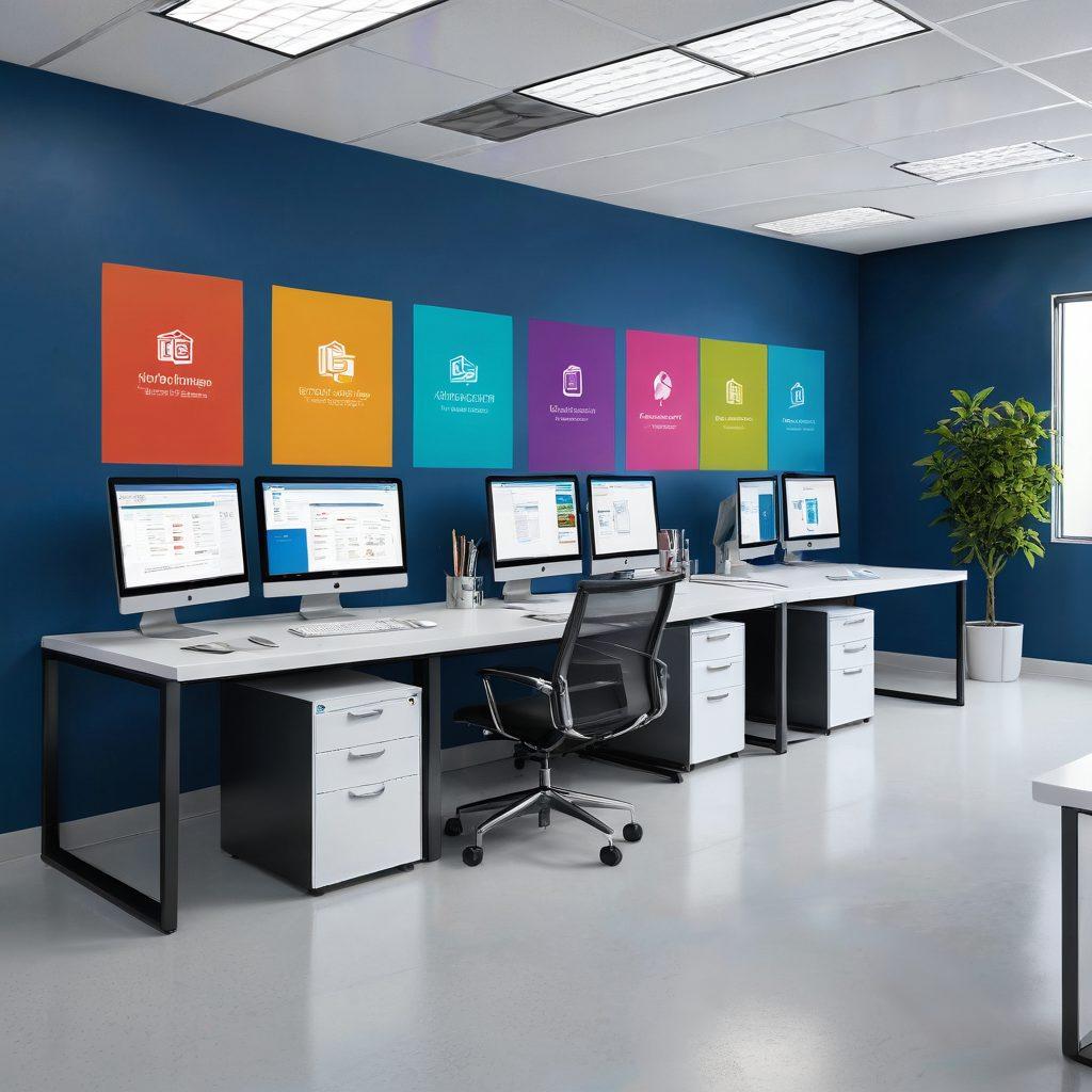 A visually engaging digital workspace featuring a computer screen displaying a file upload interface with various types of documents (PDFs, images, etc.) being transferred. Include security icons like locks and shields to signify safety. Surround the scene with colorful digital elements such as cloud symbols and arrows representing fast sharing. The backdrop should be a sleek, modern office environment. super-realistic. vibrant colors. 3D.