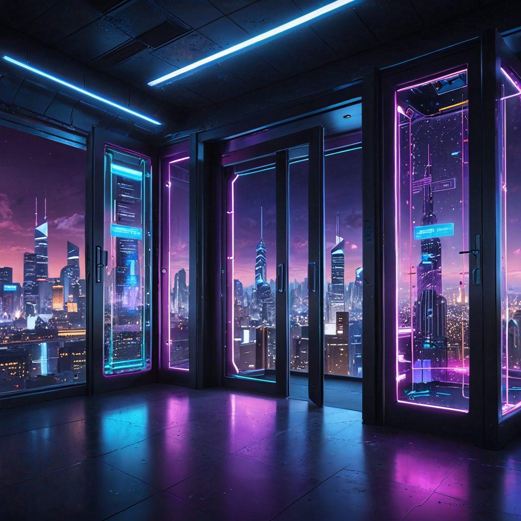 A futuristic digital landscape depicting secure file transfers, featuring glowing data streams and interconnected nodes, symbolizing seamless data sharing. Include a secure vault door opening to reveal encrypted data, with a backdrop of a vibrant city skyline at twilight. The overall tone should convey innovation and security. vibrant colors. cyberpunk.